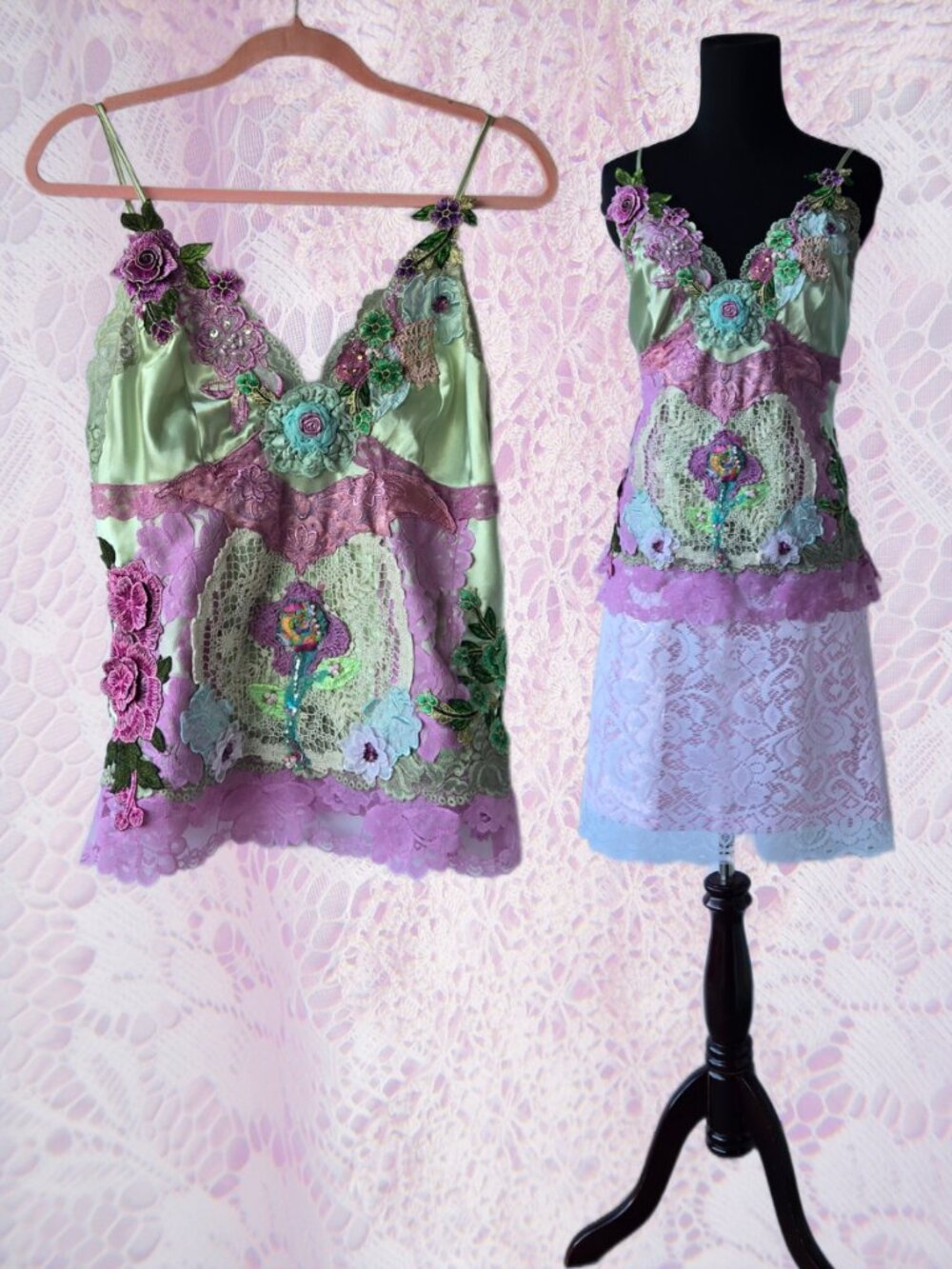Handmade Green Lace Cami Top Vneckline Embroidered Roses Lace Romantic Fairycore